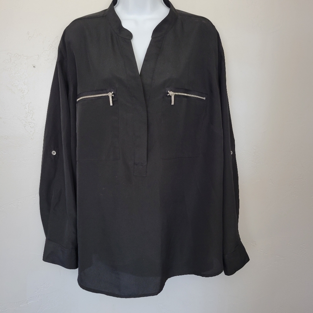 Michael Kors Women's 20 Black Long Sleeve Dress Shirt Zipper Pockets Business